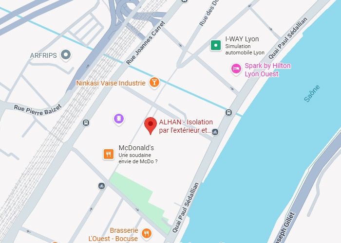 ALHAN Isolation Lyon Vaise : Accès et carte géographique Carte géographique du quartier de VAISE à Lyon. Le pin rouge indique ALHAN - Isolation par l'extérieur, près de Ninkasi, McDonald's et la Saône.